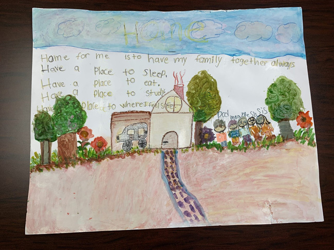 September What Home Means to Me 2022 Winner. Artwork of a family standing outside of their home.