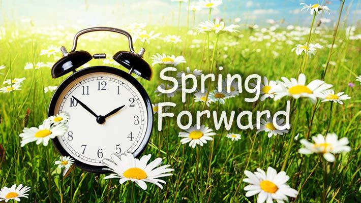 Spring forward. An alarm clock sitting in a field of flowers.