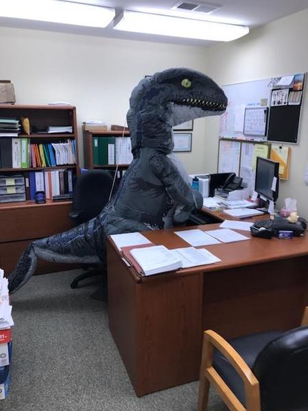 Beaufort staff memeber dressed up as a raptor